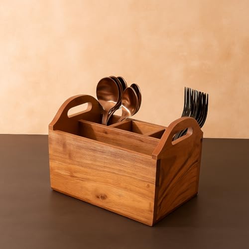 Image of Ikari Homes Premium Cutlery Stand I Boho Wooden Caddy I Spoon knife Fork Tissue Holder Stand I Cutlery Stand I Premium Acacia Wood I Bigger size with 4 Multi compartments - 8 x6 inches