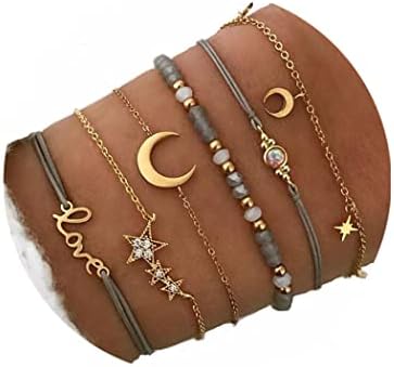 Aluinn Boho Rope Bracelet for Women Fashion Gold Moon Hand Catenary Star Lovr Hand Chain Pearl Bracelet Jewelry for Girls