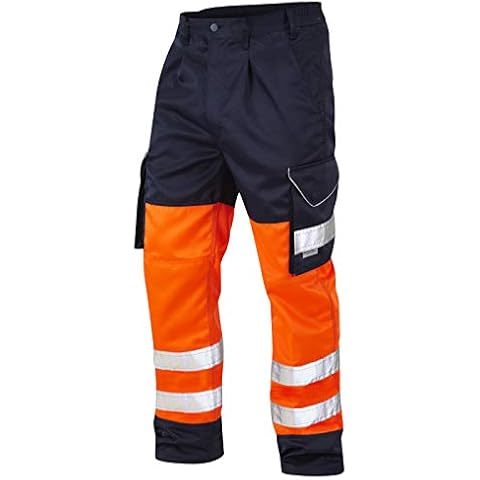 Leo Workwear CT01 Bideford Dual Tone Polycotton Mens Hi Vis Cargo Trousers, Size - 36 Reg, Orange/Navy Cover