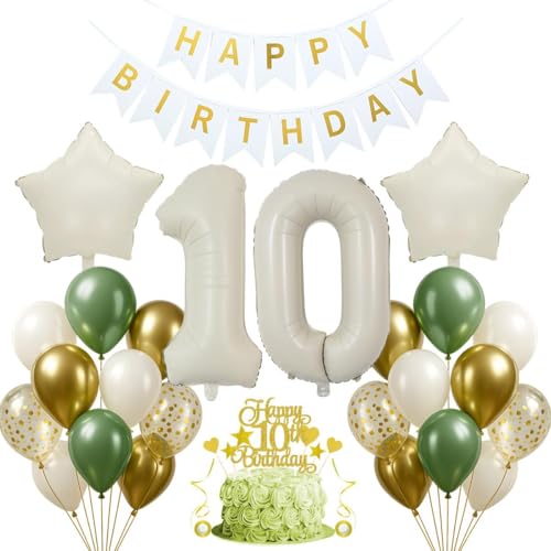 Jxuzh 10. Geburtstag Deko - Salbeigrüne Luftballon Deko für Mädchen und Jungen - Beige-Weiß Geburtstagsdeko mit tortendeko für 10. Geburtstag