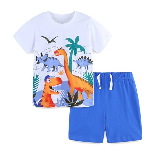Image of HILEELANG Toddler Boy Summer Short Clothes Sets Cotton Crewneck Tees Shorts Pocket Adjustable Knite Shorts Playwear Sets