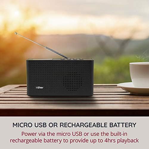 i-Star DAB/DAB Digital+ & FM Radio, Portable Mains and Battery Powered DAB Radios Rechargeable Digital Radio with USB Charging, Black