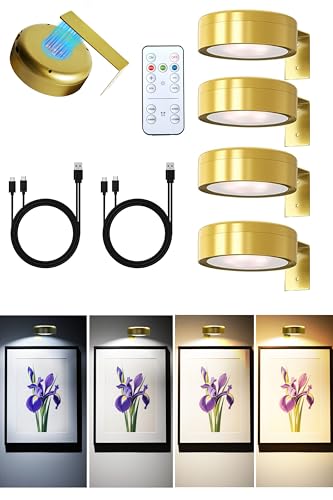GEYUEYA Home Bilderleuchte Kabellos 4er Set- 2000mAh Akku Bilderleuchte Drei Lichtfarben USB Aufladbar mit Fernbedienung, USB Kable und Montagezubehör, Timer-Funktion（Golden）