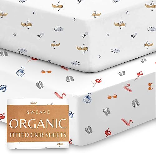 Sweave Organic Crib Sheets (2-Pack) - Breathable Double-Elastic Fitted Crib Sheet, Extra Protection for Your Baby, 100% GOTS Certified Organic Cotton, Secure & Snug Fit, Crib Sheets Neutral (28"x52")