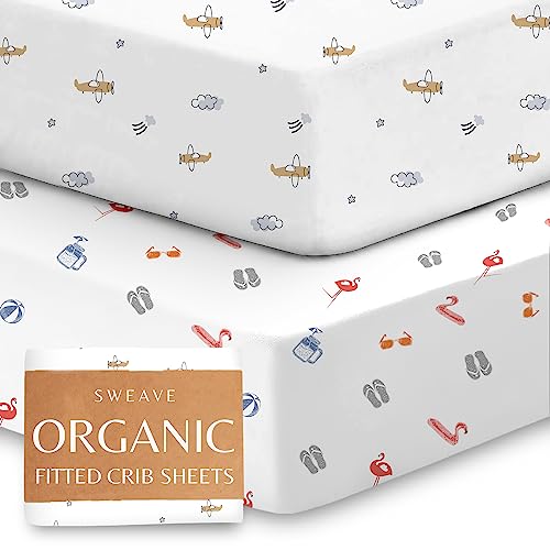 Sweave Organic Crib Sheets (2-Pack) - Breathable Double-Elastic Fitted Crib Sheet, Extra Protection For Your Baby, 100% Gots Certified Organic Cotton, Secure & Snug Fit, Crib Sheets Neutral (28"X52") #TOP4
