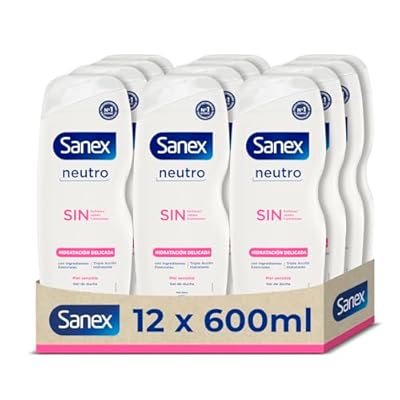 Gel de Ducha Sanex Neutro Hidratación Delicada Pack 12 x 600 ml | Con ingredientes esenciales | 0% sulfatos*  0% jabón y 0% colorantes | Gel de ducha para piel sensible | Hidratación duradera