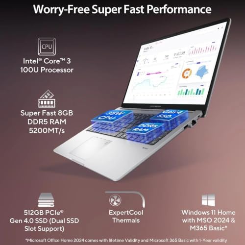 Image of ASUS ExpertBook P1 with 1 Yr ADP (i3 14th Gen) Intel Core 3 100U - (8 GB /512 GB SSD /Windows 11 Home) P1503CVAI-S70005WS Thin and Light Laptop (15.6 inch, Misty Grey, 1.66 Kg, with MS Office)