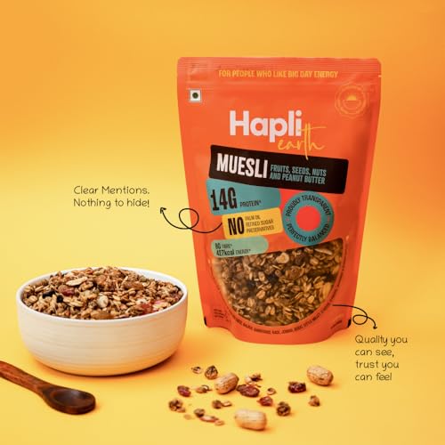 Image of Hapli Earth 6 Millet Muesli | Fruits, Seeds, Nuts & Peanut Butter | 14g Protein, High Fibre | Healthy Breakfast Cereal with Rolled Oats, 3 Seeds & Peanut Butter | No Palm Oil, No Preservatives | 250g
