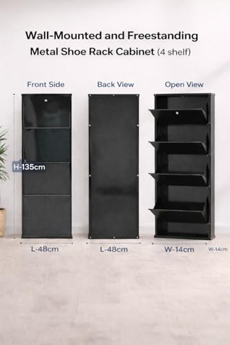 Image of Shoe Rack, Wall Mounted and Freestanding Metal, Multiple Shelf Options, White and Black (Black, 4)