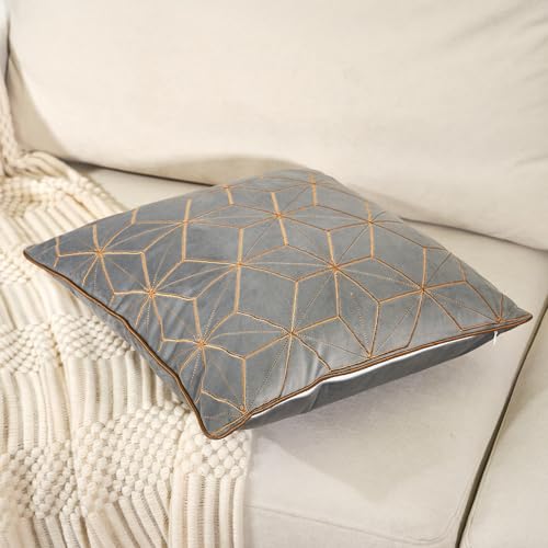 Aeckself Grey Gold Plaid Geometric Throw Pillow Cover 20X20 Inch, Soft Velvet Embroidery Cushion Case Luxury Modern Square Decorative Pillow With Stitched Edge For Couch Living Room Bedroom thumb #2