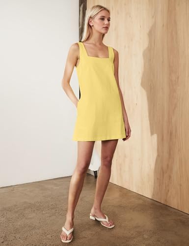 Image of Burtell Summer Sleeveless Cotton Linen Mini Dresses for Women Casual Square Neck Backless Short Dress Solid Tank Shift Dress