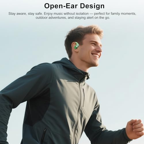 Image of Open Ear Headphones, Bluetooth 5.4 Earbuds, 50H, Air Conduction Ear buds, HD Stereo Bass Over Ear Earphones with Earhooks, Ultra-Comfort Secure Fit, IPX7 Waterproof Headset for Working Sports, Green