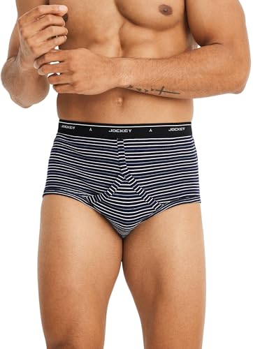 Jockey Men's Underwear Classic Full Rise Brief - 3 Pack, Navy Scholastic Stripe/Shower/Deep Sangria, 403