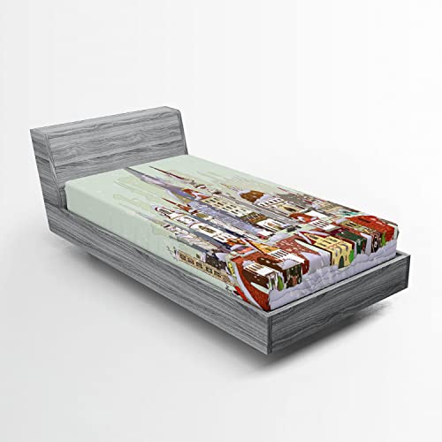 Ambesonne Christmas 2 Pack Fitted Sheet, Xmas City Holiday, Bed Cover All-Round Elastic Deep Pockets 2 Pieces, Package Contains 2 Twin Size Fitted Sheets, Green Lavender