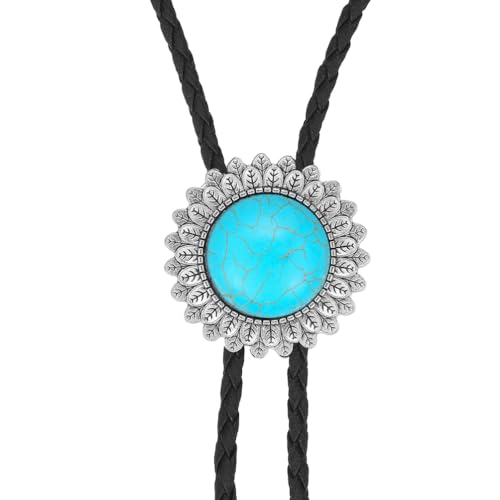 Image of AZORA Western Cowboy Bolo Tie Men Leather Necktie Leather Cord Turquoise Stone Bolo Ties for Men Women