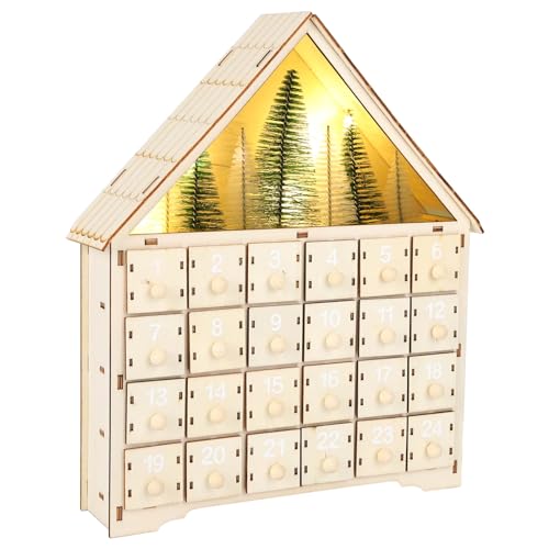 Image of Xmas Wooden Advent Calendar with 24 Drawers LED Lighted Christmas House