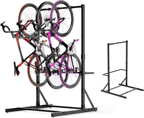 Portabiciclette indipendente per garage, capienza di carico 136 kg, supporto di conservazione per 5 biciclette, portabiciclette in acciaio a posizionamento verticale con ganci e ganci per casco