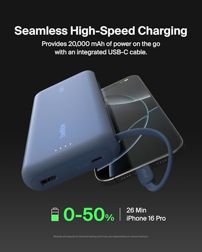 Belkin Portable Charger, Power Bank with Integrated Cable 20K PD 30W - Fast Charging USB-C Power Delivery, Portable Charger for iPhone 16 Series, iPad Pro, Galaxy S25 Series, and More - Blue - Image 3