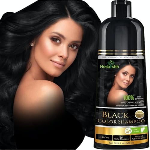 Shampoo colorante Herbishh para cabello gris – Champú natural – Color largo – 500 ml – 3 en 1 – Sin amoniaco (negro)