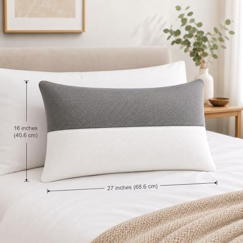 Image of Standard Sleeping Pillow Set of 1 with Adjustable Height | 27 x 16 Inch | Fluffy & Soft Siliconized Hollow Polyester Fiber, Jacquard Cover with Zip Closure - White & Grey