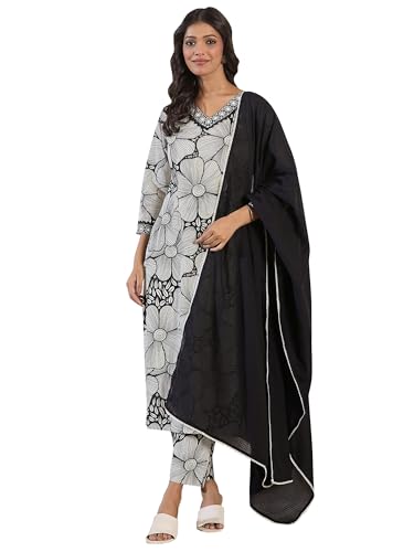 Image of INDO ERA Women's Pure Cotton Printed Straight Kurta & Pant with Dupatta Set (IESTR6723)