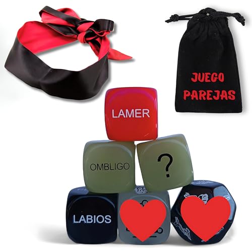6 Dados Eróticos para Pareja + 1 Bolsa De Terciopelo Negra + Targeta con Instrucciones- Juegos De Parejas Adultos Español - Regalo Original para San Valentín (Antifaz + 6 Dados)