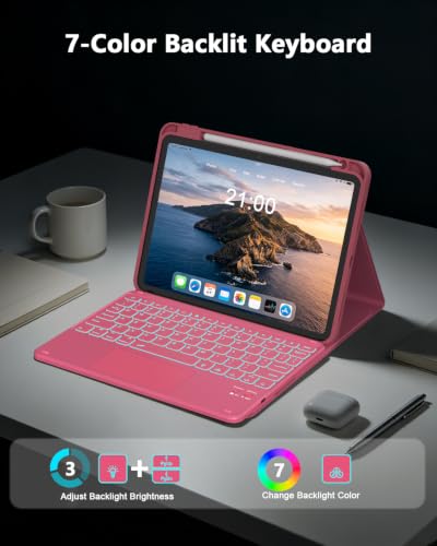 Image of RAYMCRAFT for iPad (A16) 11th /10th Generation Case with Keyboard, 7 Color Backlit, Multi-Touch Trackpad, Folio Case with Pencil Holder, Detachable Wireless Keyboard for iPad (A16) 11th /10th, Hot Pink