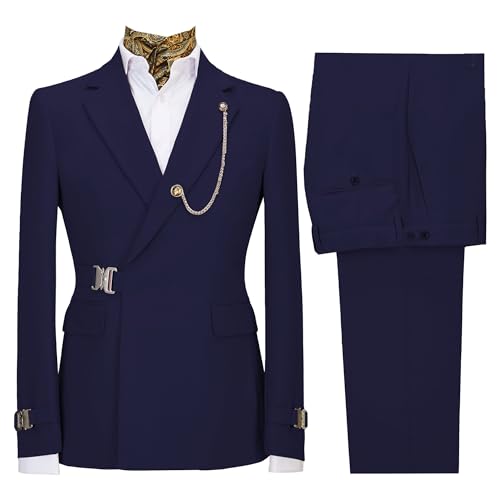 Image of Men's 2 Piece Suit with Metal Clasp Slim Fit Suit Stylish Business Pants Casual Wedding Grooms Tuxedo Suit