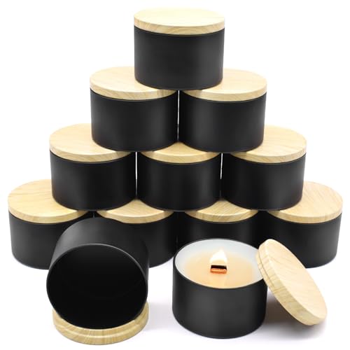 YJHSS 12-Pack 16oz Candle Tins with Wood-Grain Printing Lids, Metal Candle Jars for Candle Making, Empty Containers Vessels Bulk for Small Business & Beginners DIY Storage -Wood Black
