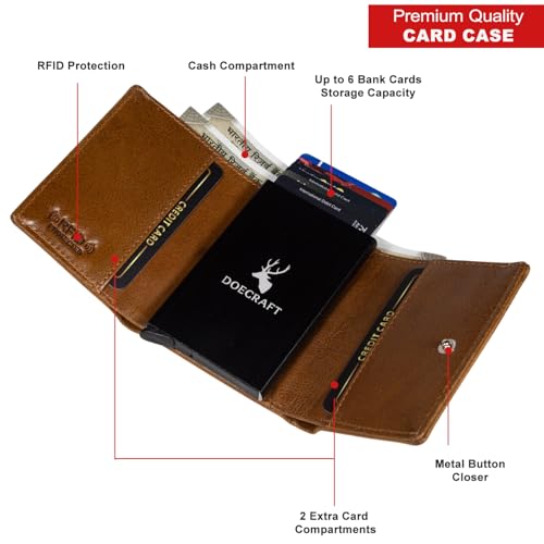 Image of Men's Genuine Leather RFID Wallet | Premium Slim Red Wallet for Men with Deer 3D Print | 8 Card Slots Secure and Durable Design | Casual Stylish | Formal & Gifting Use, Tan and Black
