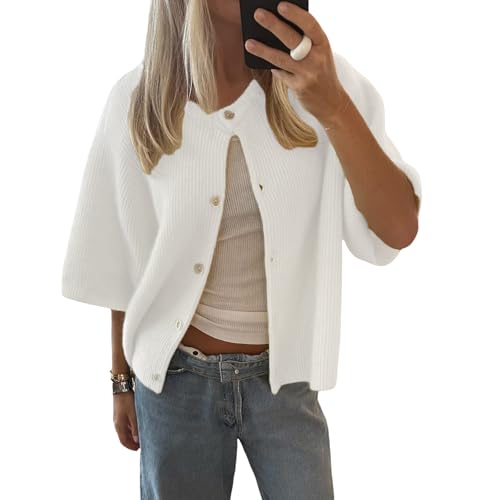Image of SOLILOQUY Women's Y2K Crop Cardigan Sweater Short Sleeve Round Neck Button Down Sweater Fall Winter Knit Top Streetwear (White, S), Small