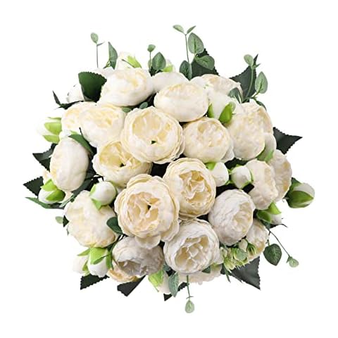 Hoikwo 4 Bunches Small White Peony Artificial Flowers (20 Peony Heads), Silk Fake Fake Silk Flowers Bouquet with Stems for Home Wedding Party Table Centerpieces Cover