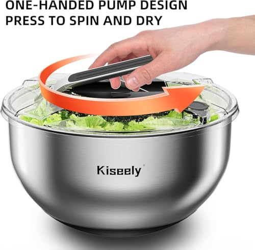 Stainless Steel Salad Spinner, Easy Press Large Vegetable Dryer Washer, 4.2Qt Fruit Washer with 304 Stainless Steel Bowl for Lettuce, Vegetable, Herbs, Berries (QE1) - Image 6