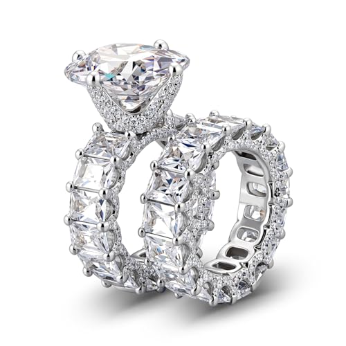 Image of Jeulia Cushion Cut Three Sided Pave Sterling Silver Eternity Ring Cubic Zirconia Art Deco Halo Wedding Engagement Anniversary Rings Set