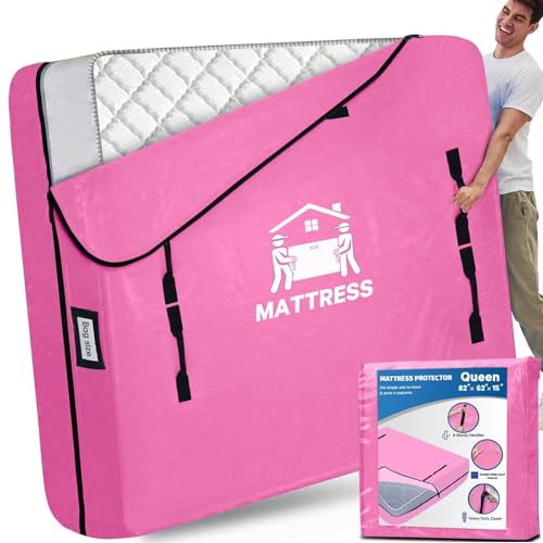 Image of Mattress Bags for Moving, BETU Mattress Protector Waterproof Mattress Cover Queen Size Storage Bags with 8 Heavy-Duty Handles and Zipper for Bed Extra Thick Large Reusable (82 inchx62 inchx15 inch Pink)