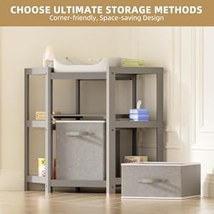 YUFU Baby Corner Changing Table with Storage Drawers Portable Diaper Changing Station with Baby Changing Pad Modern Wood Changing Table Dresser for Infants and Toddlers Gray