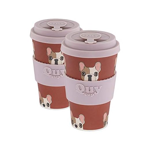 QUY CUP. Achille. Bamboo Coffee To Go Mug - Set of 2, 14 oz. Italian Design, BPA Free Ecofriendly Cups, 2 Reusable Travel Mugs. French Bulldog Mugs.