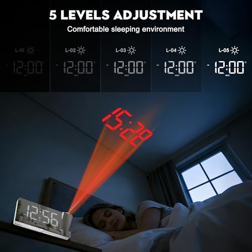 Amgico Projection Alarm Clock,Digital Clock with Projection,7.3" Mirror Clock with 180°Rotating Projector,Dual Alarm with 3 Mode,Bright Adjust,DST,Snooze,Charging Port,5 Levels Volume for Desk Teens - Image 4