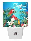 Parrots Bird Night Lights, Red Pink Flower Tropical Plants Summer Gradient Blue Smart Auto Dusk to Dawn Sensor Nightlights Plug-in Nightlight for Bedroom Bathroom Living Room Kitchen Hallway