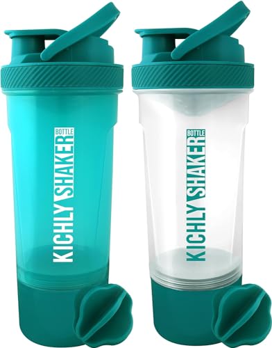 KICHLY Botella Shaker Proteinas con batidor Blenderball clásica (700 ml) - Tapa antiderrames con Envase de almacenamiento suplementos - Perfecto para Entrenamiento (Verde azulado, Paquete de 2)
