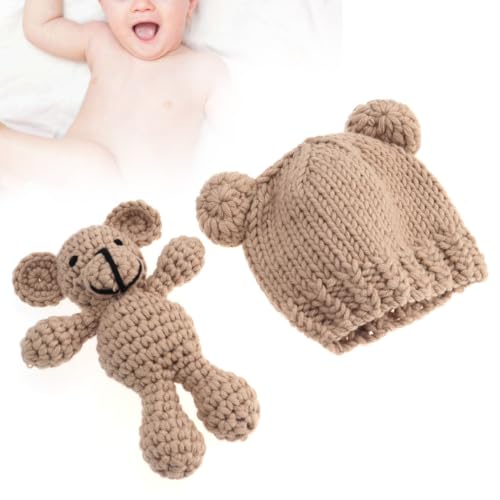Gorro de punto marrón con osito suave y elástico para sesiones fotográficas de bebés