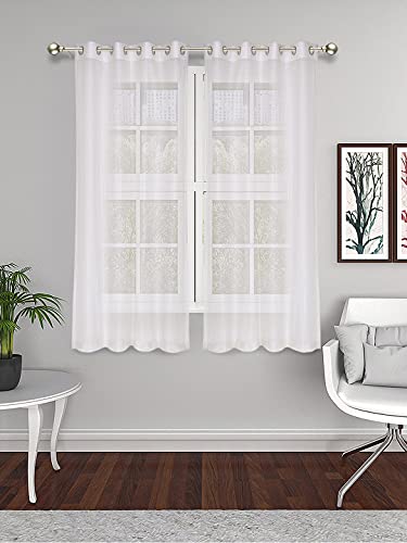 Image of Set of 2 Pcs Sheer Premium Lightweight Tissue Fabric Solid Cream Color Eyelet Window Curtain, 2 Pc Window Curtain 5ft