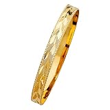 Wellingsale 14k Solid Yellow Gold Leaf Design Slip On Diamond Cut Stacking Bangle Bracelet