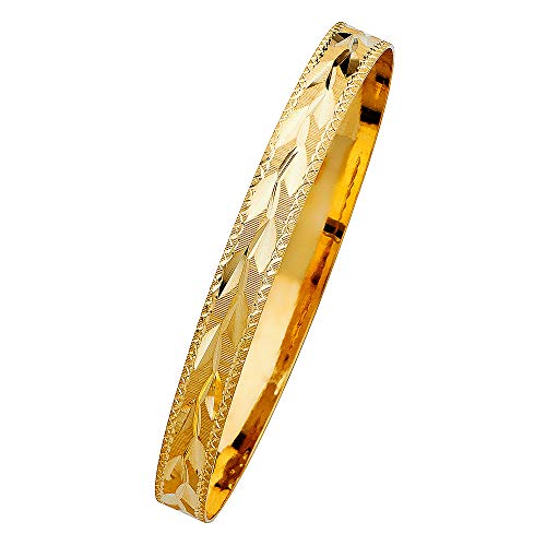 Wellingsale 14K Solid Yellow Gold Leaf Design Slip On Diamond Cut Stacking Bangle Bracelet #TOP9