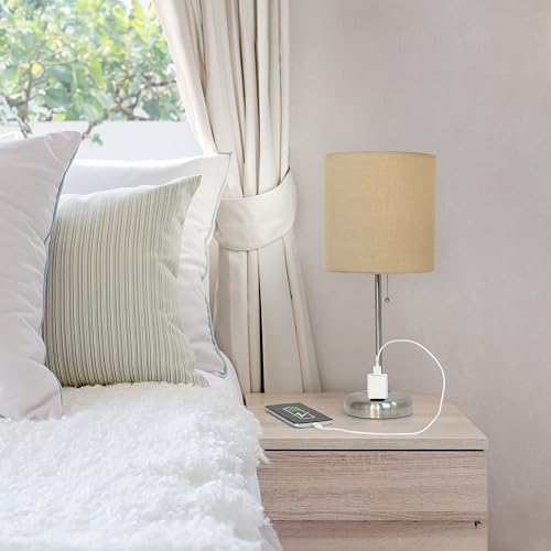 Simple Designs LT1144-TAN Sleek and Slender Brushed Steel Table Lamp with Charging Outlet, for Bedroom, Living Room, Entryway, Office, Dining Room, Study, Tan Shade