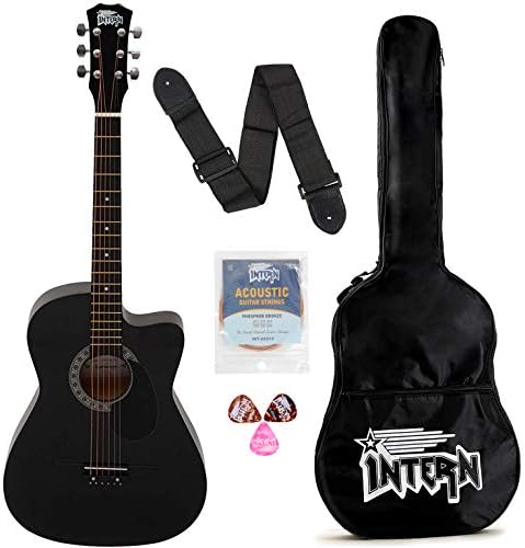 Intern 38 Inch Acoustic Guitar Kit for Beginners, Right Handed 6 String Cutaway Guitar with Spruce Top, Ebony Fretboard, Bag, Strap, Picks & Extra Strings, Black (INT-38C)