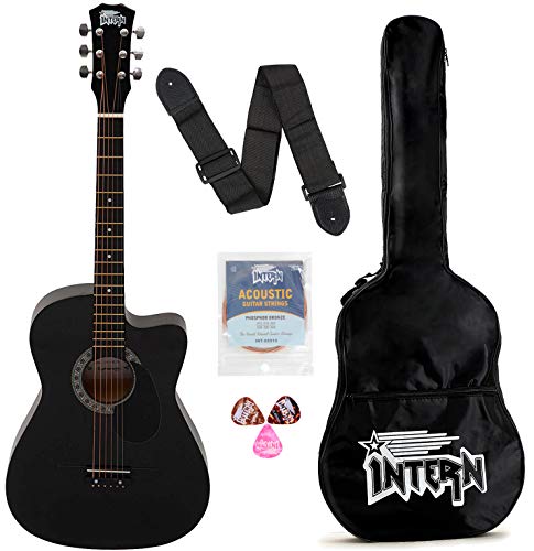 Intern INT-38C-BK-G 38 Inches basswood Cutaway Right Handed Acoustic Guitar Kit, With Bag, Strings, Pick And Strap (Black, 6 Strings) Glossy.