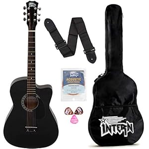 Intern INT-38C-BK-G Cutaway Right Handed Acoustic Guitar Kit, with Bag, Nickel Strings, Pick And Strap (Black) -6…