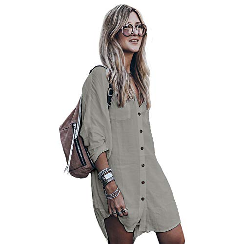 Women’s Swimsuit Cover up,Silky Button Down Shirt Midi Dress Kimono,Summer Bathing Suit Beach Coverups for Women (CP-Aline) (Gray, Medium)