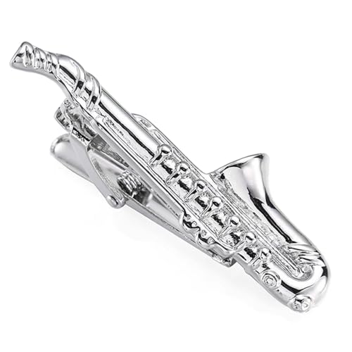 Saxophone Tie Clips for Men Formal Occasions Tie Bars Wedding Business Classic Silver Cool Necktie Tie Bar Pinch Clips Clasps Party Birthday Fashion Gift for Boyfriend Husband Dating Engagement